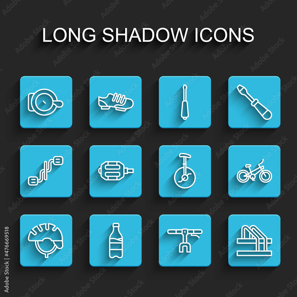 Set line Bicycle helmet, Sport bottle with water, bell, handlebar, parking, pedal, and Unicycle one wheel bicycle icon. Vector Set line Bicycle helmet, Sport bottle with water, bell, handlebar, parking, pedal, and Unicycle one wheel bicycle icon. Vector
