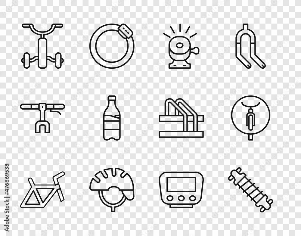 Set line Bicycle frame, suspension, bell, helmet, for kids, Sport bottle with water, speedometer and icon. Vector Set line Bicycle frame, suspension, bell, helmet, for kids, Sport bottle with water, speedometer and icon. Vector