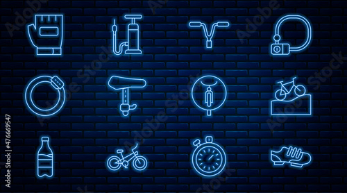 Set line Bicycle shoes, Mountain bicycle, handlebar, seat, brake disc, Gloves, and air pump icon. Vector