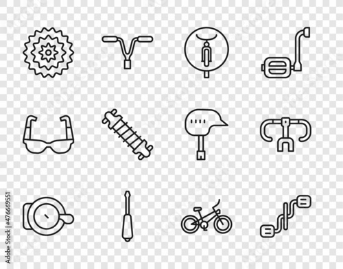 Set line Bicycle bell, pedals, Screwdriver, cassette, suspension, and handlebar icon. Vector