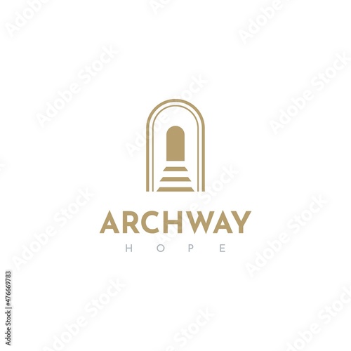 Archway with stairs Religion Logo abstract design vector template.Hope Logotype concept icon Negative space style.