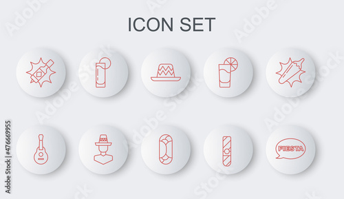 Set line Fiesta, Mexican guitar, sombrero, Cigar, Tabasco sauce, Tequila glass with lemon, man and Burrito icon. Vector