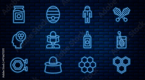 Set line Honeycomb, dipper stick, Beekeeper with protect hat, Jar of honey, and Hive for bees icon. Vector