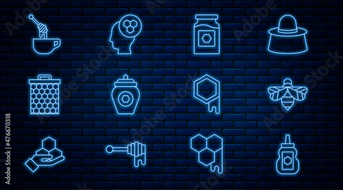 Set line Jar of honey, Bee, Honeycomb, dipper stick with, and Beekeeper icon. Vector
