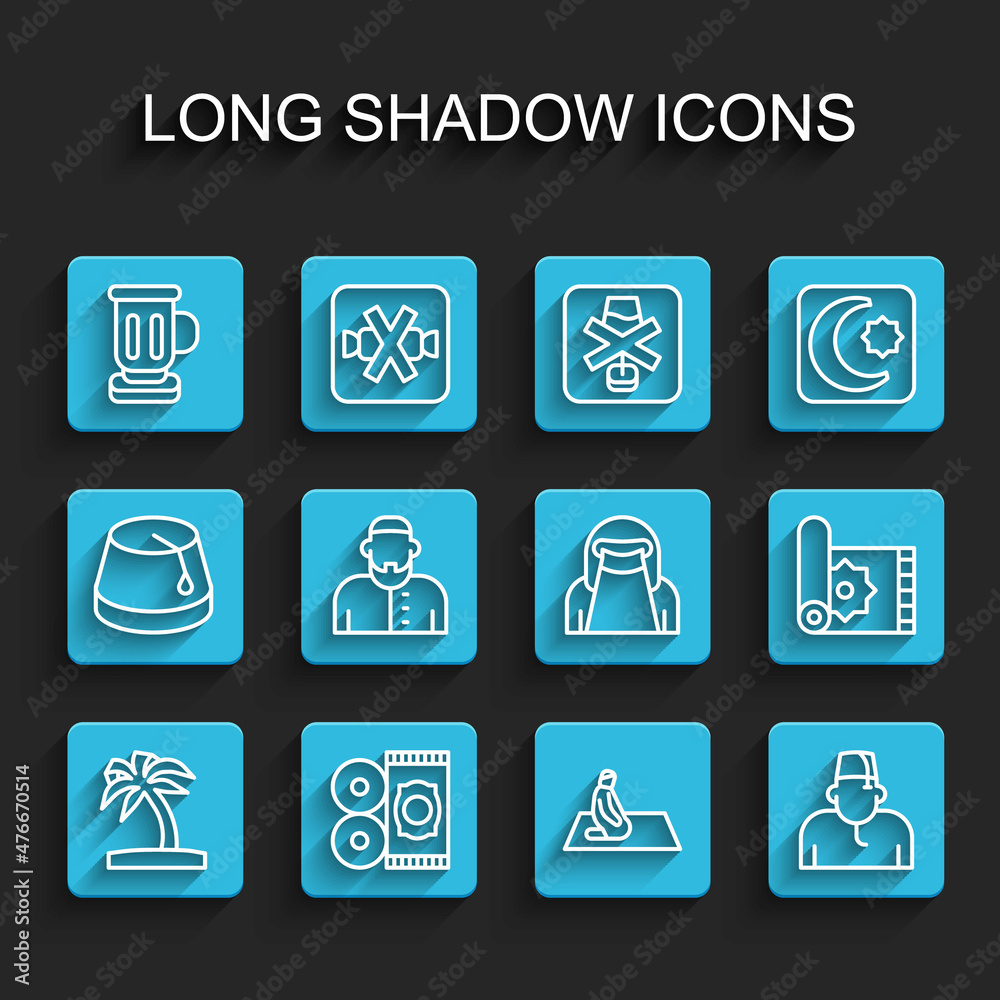 Set line Tropical palm tree, Traditional carpet, Medieval goblet, Muslim man prays, and woman in niqab icon. Vector Set line Tropical palm tree, Traditional carpet, Medieval goblet, Muslim man prays, and woman in niqab icon. Vector