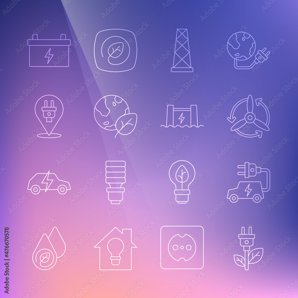 Set line Electric saving plug in leaf, car, Wind turbine, Antenna, Earth globe and, Car battery and Hydroelectric dam icon. Vector Set line Electric saving plug in leaf, car, Wind turbine, Antenna, Earth globe and, Car battery and Hydroelectric dam icon. Vector