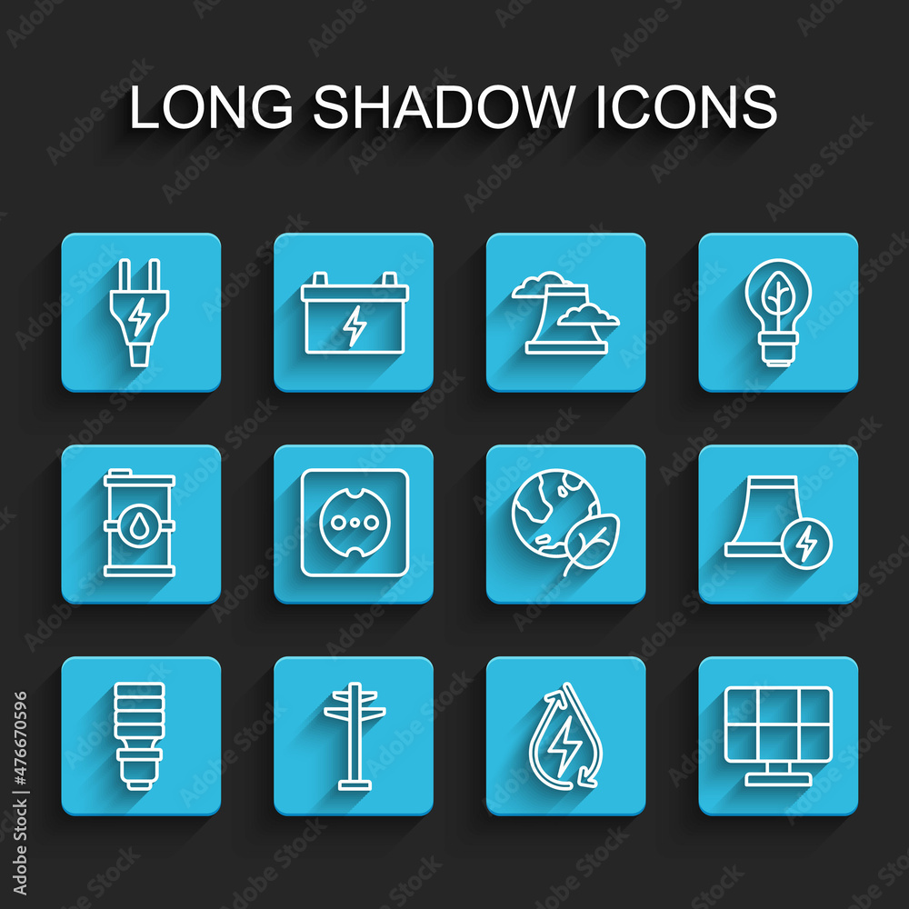 Set line LED light bulb, Electric tower, plug, Water energy, Solar panel, Electrical outlet, Nuclear power plant and Earth globe and leaf icon. Vector Set line LED light bulb, Electric tower, plug, Water energy, Solar panel, Electrical outlet, Nuclear power plant and Earth globe and leaf icon. Vector