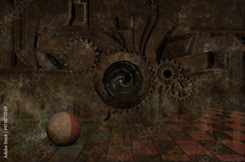 Rustling | A green creature, abandoned ball and mechanizn with rusty sprockets