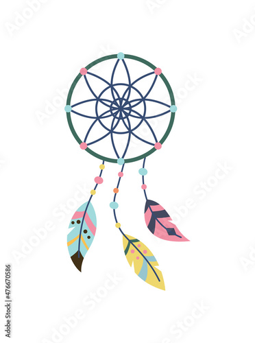 Dream indian catcher. Protection from evil spirits, unusual patterns of sticks, feathers. Religious amulets and jewelry. Sticker or badge. Cartoon flat vector illustration isolated on white background