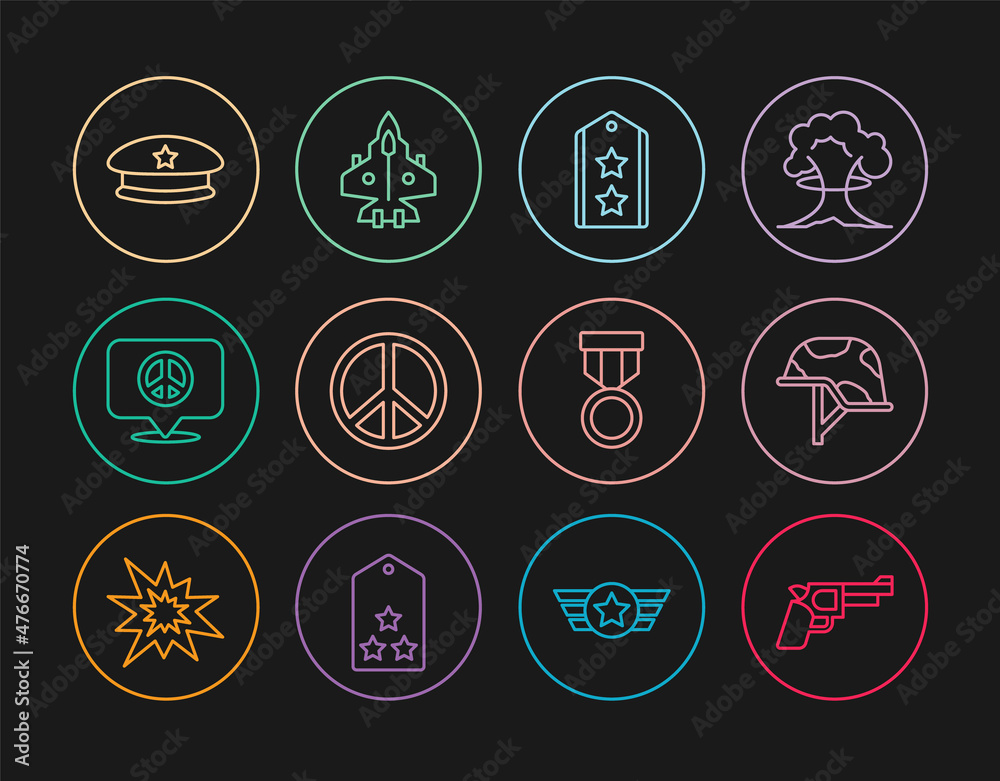 Set line Pistol or gun, Military helmet, rank, Peace, Location peace, beret, reward medal and Jet fighter icon. Vector