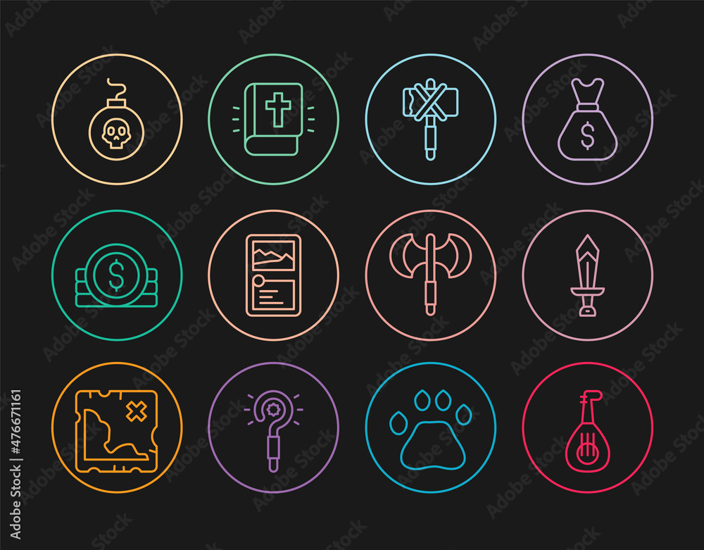 Set line Lute, Sword for game, Medieval axe, Card collection, Ancient coin, Bomb ready to explode, poleaxe and Holy bible book icon. Vector Set line Lute, Sword for game, Medieval axe, Card collection, Ancient coin, Bomb ready to explode, poleaxe and Holy bible book icon. Vector
