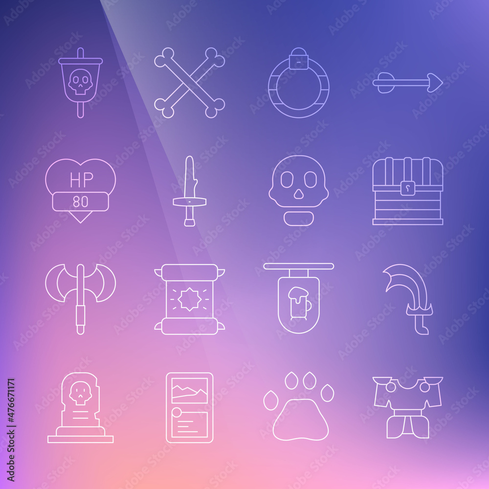 Set line Body armor, Sword for game, Chest, Magic stone ring, Dagger, Video bar, Pirate flag and Skull icon. Vector Set line Body armor, Sword for game, Chest, Magic stone ring, Dagger, Video bar, Pirate flag and Skull icon. Vector