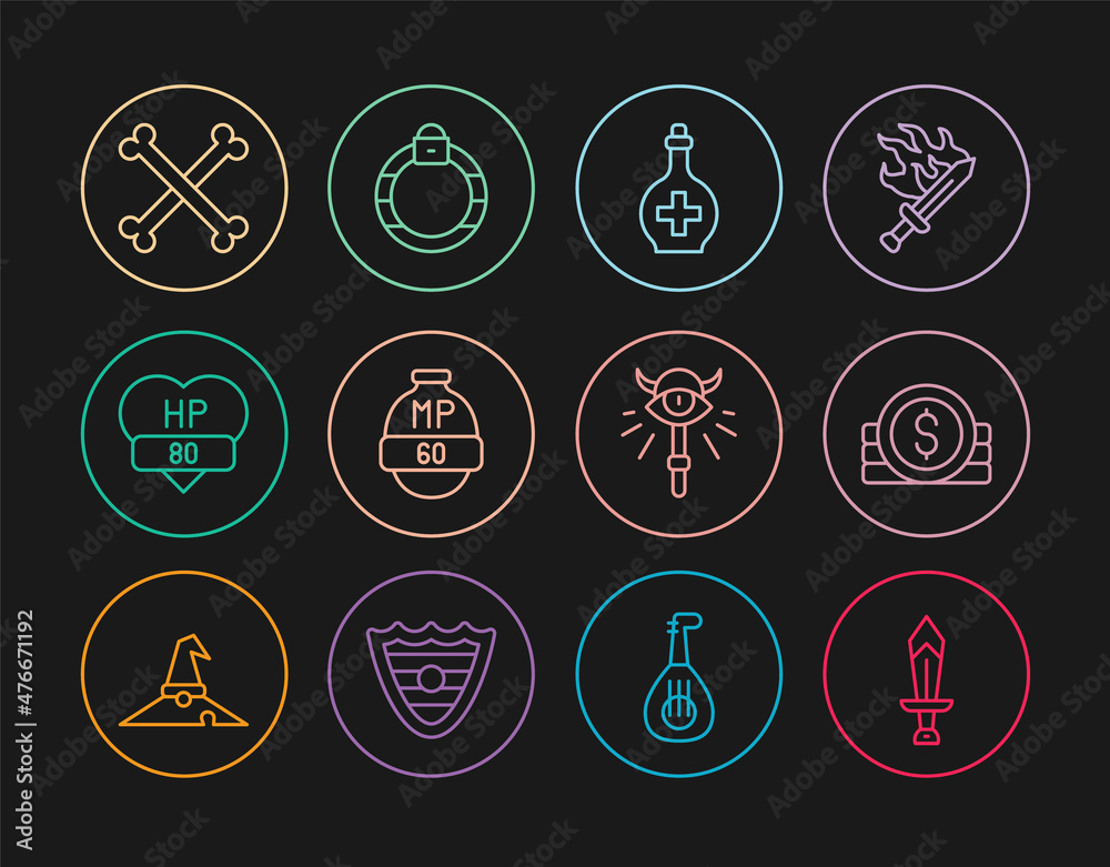 Set line Sword for game, Ancient coin, Bottle with potion, Video bar, Crossed human bones, Magic staff and stone ring icon. Vector