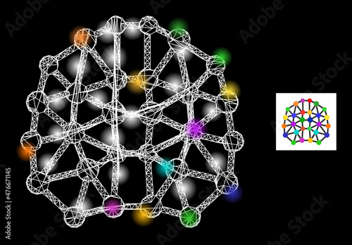 Glowing crossing mesh artificial brain icon with glossy spots. Illuminated model created from artificial brain vector icon and crossing lines. Illuminated carcass artificial brain,