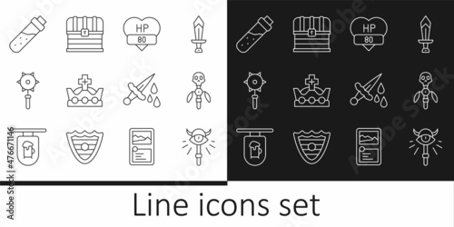 Set line Magic staff, Video game bar, King crown, Medieval chained mace ball, Bottle with potion, Sword blood and Chest icon. Vector