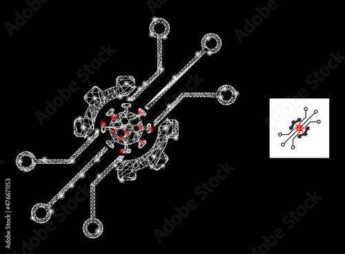 Glowing crossing mesh artificial virus icon with glowing spots. Illuminated constellation is generated from artificial virus vector icon and crossed lines. Glowing frame artificial virus,