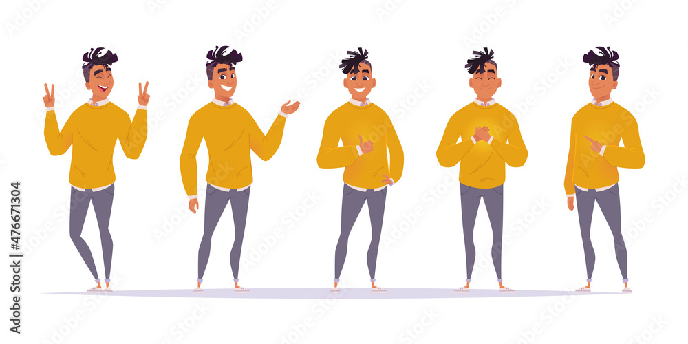 Set of character of African American positive man who shows different gestures:cool, love,like, points at another person - obrazy, fototapety, plakaty 