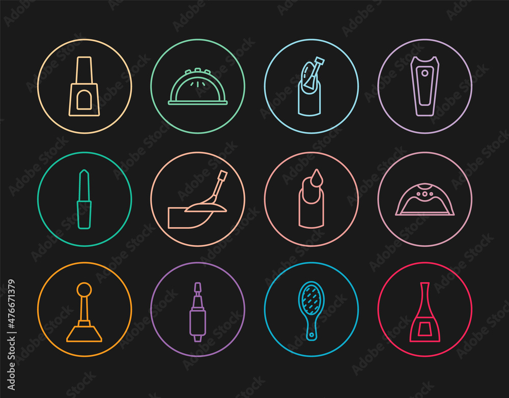Set line Bottle of nail polish, Manicure lamp, Nail manicure, file, and icon. Vector Set line Bottle of nail polish, Manicure lamp, Nail manicure, file, and icon. Vector