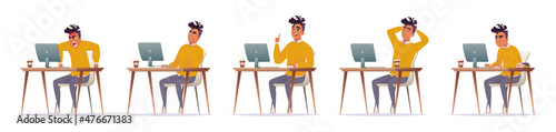 Set of young African American guy working at his desk at computer: angry, resting, having an idea, sad, working hard