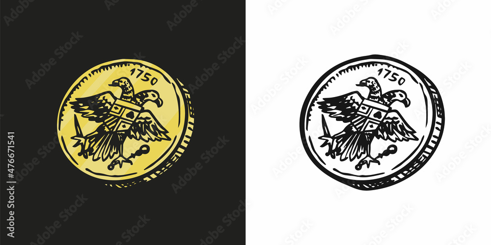 Ancient coin or money. Cash reward. Engraved hand drawn in old sketch, vintage style. Ancient coin or money. Cash reward. Engraved hand drawn in old sketch, vintage style.