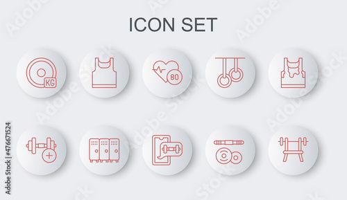 Set line Bench with barbell, Dumbbell, Heart rate, Barbell, Weight plate, Sleeveless t-shirt, Locker or changing room and Fitness app icon. Vector