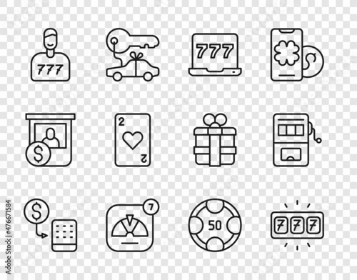 Set line Casino chips exchange, Slot machine with jackpot, Laptop and slot, Lucky wheel, player, Playing card heart, and icon. Vector