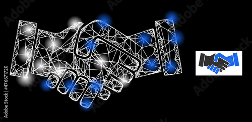 Shiny crossing mesh business hands icon with sparkle light spots. Illuminated constellation is created from business hands vector icon and crossing lines. Constellation carcass business hands,