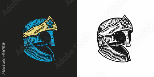Medieval symbol Battle Helmet for knights or kings, vintage, engraved hand drawn in sketch or wood cut style, old looking retro roman.