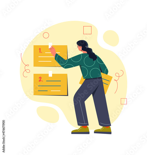 To do list. Girl marks completed tasks. Woman takes notes, time management. Statistics and analysis. Folders, files, documents and information. All tasks completed. Cartoon flat vector illustration