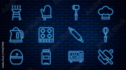 Set line Cutting board and knife, Kitchen whisk, hammer, Gas stove, Electric kettle, Barbecue grill, Rolling pin and Oven glove icon. Vector