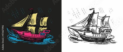 Sailboat in the sea, summer adventure, active vacation. Seagoing vessel, marine ship or nautical caravel. water transport in the ocean for sailor and captain. engraved hand drawn in vintage style.