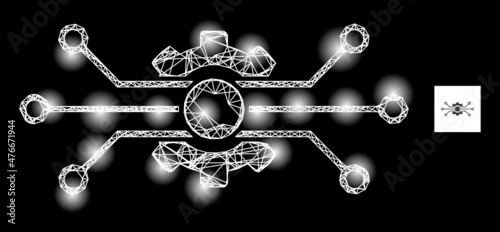 Bright net circuit gear icon with bright spots. Illuminated model is created from circuit gear vector icon and intersected lines. Illuminated carcass circuit gear, on a black background.