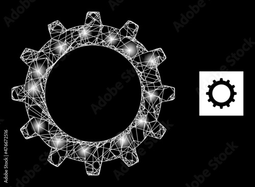 Constellation net cogwheel icon with sparkle spots. Illuminated constellation created from cogwheel vector icon and intersected lines. Illuminated carcass cogwheel, on a black background.