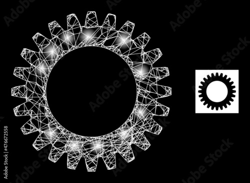 Shiny mesh net cogwheel icon with glossy spots. Illuminated constellation is generated from cogwheel vector icon and intersected lines. Constellation carcass cogwheel, on a black background.