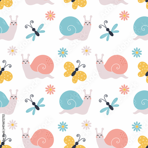 Cute snail and butterfly for nursery. Seamless summer pattern for sewing clothes and print fabric. Wrapping paper. Newborn wallpaper.