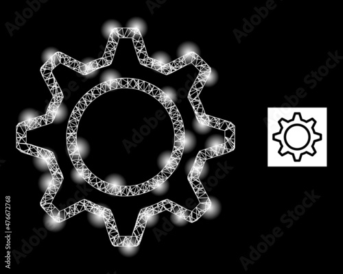 Shiny crossing mesh contour gear icon with flare spots. Illuminated model generated using contour gear vector icon and crossing lines. Illuminated carcass contour gear, on a black background.