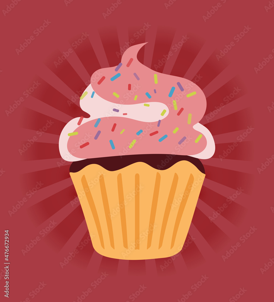 Doodle cupcake with colorful sprinkles on white background. Vector illustration. Card, poster, bakery design. Doodle cupcake with colorful sprinkles on white background. Vector illustration. Card, poster, bakery design.