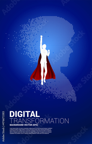 silhouette of superhero fly with head from pixel transformation . Concept background human future and technology