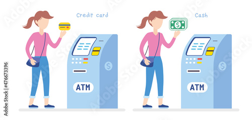 Girl or young woman holding a credit card and dollar bills banknotes and ATM bank machine isolated, cash money, loan, wages funds payment or withdrawal illustration cartoon flat vector.
