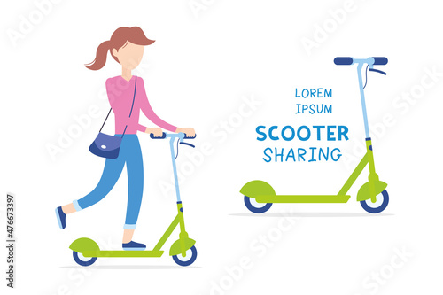Girl or young woman riding green city electric kick scooter isolated, scooter sharing system flat vector illustration.