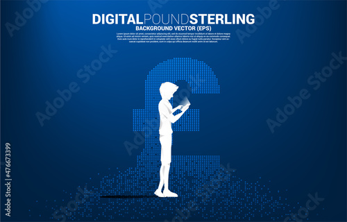 Vector man with mobile phone and money pound sterling currency icon from pixel transform. Concept for digital financial network connection.