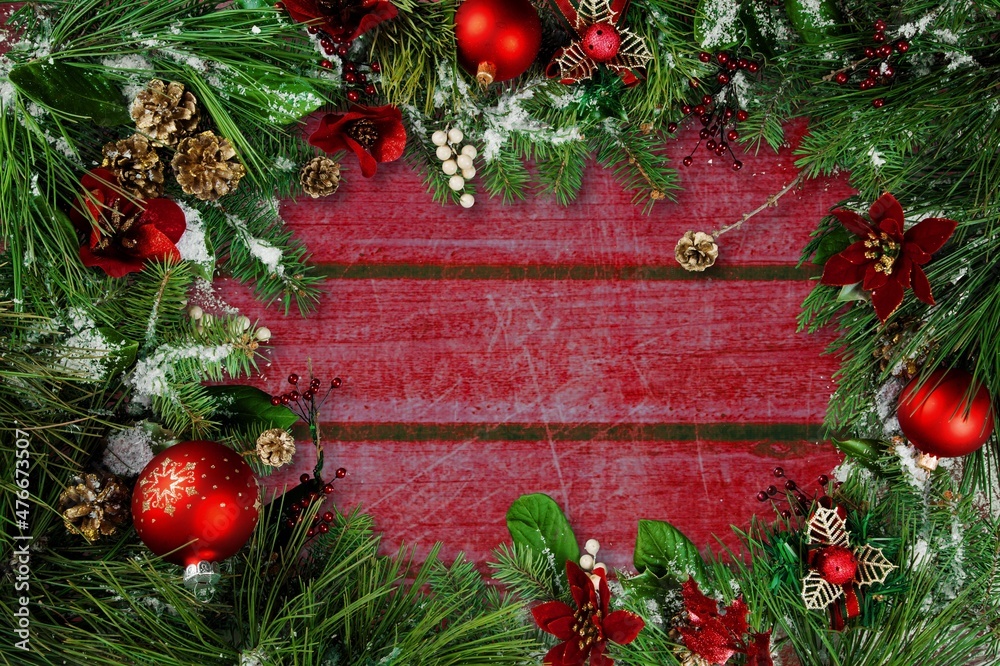 Christmas banner with fir branches and decorations on desk background. Christmas banner with fir branches and decorations on desk background.