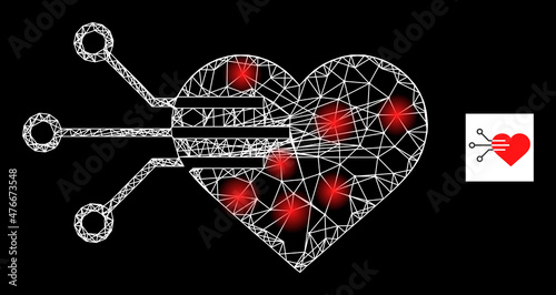 Constellation net mesh electric heart icon with illuminated spots. Illuminated constellation is done from electric heart vector icon and crossing lines. Constellation carcass electric heart,