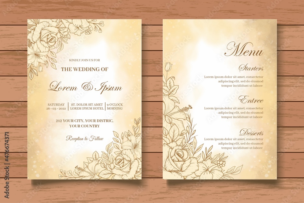 Elegant Hand Drawing Floral Wedding Invitation Card Set