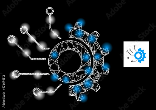 Constellation network gear electronic factory icon with illuminated spots. Illuminated constellation generated using gear electronic factory vector icon and intersected lines.