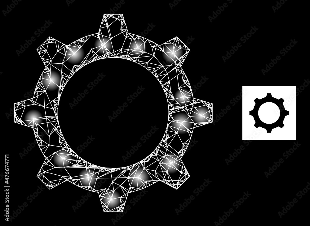 Shiny network gear icon with glowing spots. Illuminated model done from