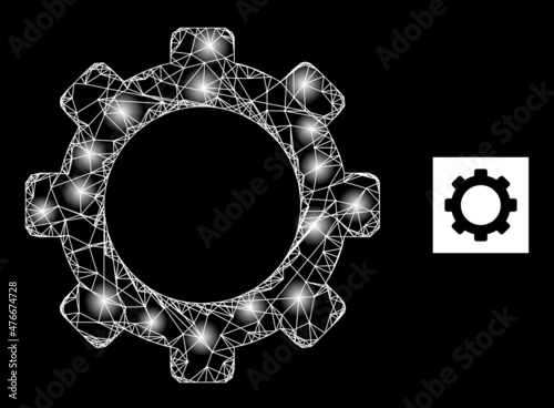 Constellation net mesh gear icon with glowing spots. Illuminated constellation created using gear vector icon and crossed lines. Illuminated carcass gear, on a black background.