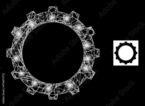 Glare crossing mesh gear icon with illuminated spots. Illuminated constellation done using gear vector icon and crossed lines. Glossy carcass gear, on a black background.