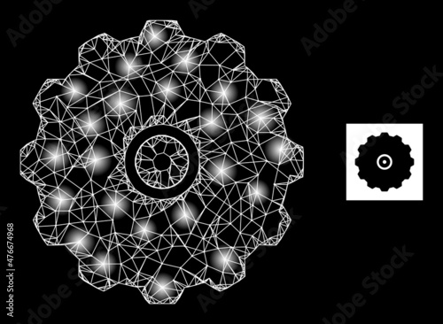 Glowing net mesh gearwheel icon with glowing light spots. Illuminated constellation is created using gearwheel vector icon and intersected lines. Illuminated carcass gearwheel, on a black background.