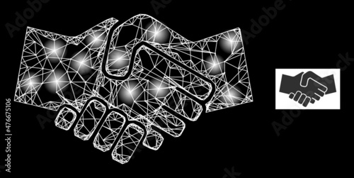 Glare net mesh handshake icon with glossy spots. Illuminated constellation generated from handshake vector icon and crossed lines. Glossy carcass handshake, on a black background.